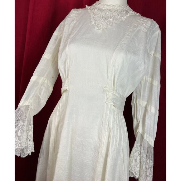 Tall C 1908 Fancy Lace Linen Dress Summer Edwardian Bell Sleeve - Picture 2 of 12
